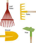 4 piece Kids Gardening Tool Set with Wood Handles displayed with red leaf rake, yellow shovel, yellow rake, and green hoe.