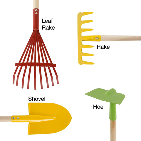 4 piece Kids Gardening Tool Set with Wood Handles displayed with red leaf rake, yellow shovel, yellow rake, and green hoe.