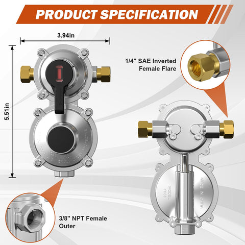 Diagram showing 2 Stage Auto Changeover Propane Regulator With Gauge And 18 Inch Stainless Steel Braided Hose dimensions and connections.
