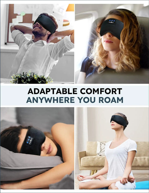 Four people wearing Wireless Sleep Headphones With Sleep Mask Headband And Earbuds, Bluetooth 5.4 for different relaxation settings.
