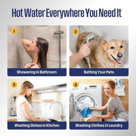 Whole House Gas Tankless Water Heater Shoots Out Instant Hot Water At 7.9 Gallons Per Minute With A Serious 180000 Btu Rating For Nonstop Family Flow Without The Cold Shower Blues used for showering, bathing pets, washing dishes, and laundry.