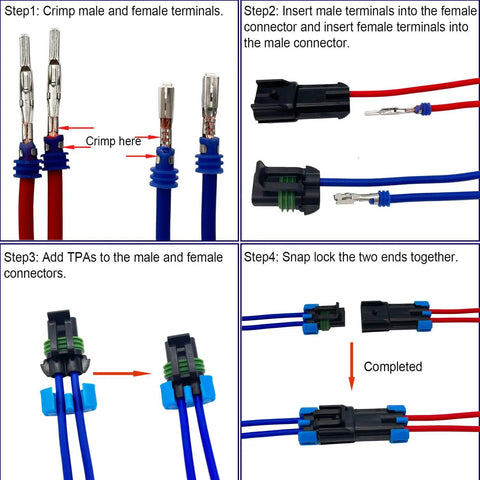 Assembly steps for Weatherproof 2 Pin Automotive Electrical Connectors Kit For 14 To 12 AWG Wiring shown in a step-by-step guide.