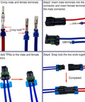 Weather Pack 2 Pin Waterproof Automotive Connector Kit installation steps with male and female terminals for 14-12 AWG wire.