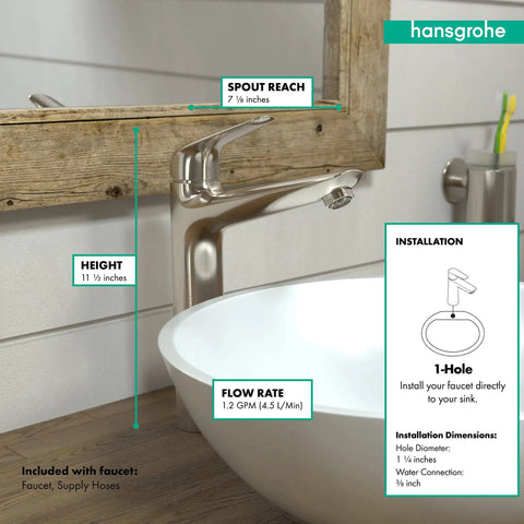 Low Flow Water Saving 1 Handle 12 Inch Tall Bathroom Sink Faucet In Brushed Nickel Single Hole Mount With Optional 3 Hole Compatibility Baseplate Sold Separately Modern Sleek Design on wooden counter next to white vessel sink.