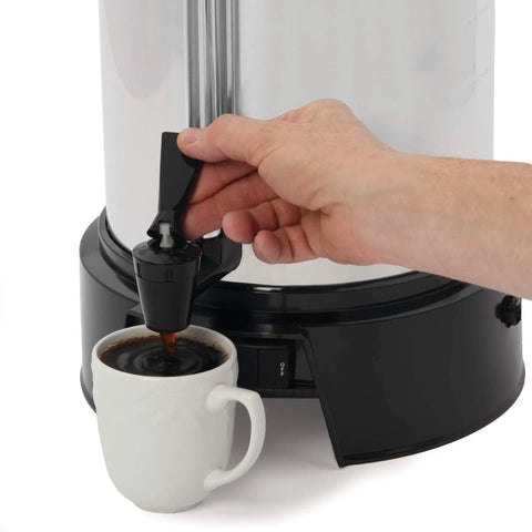 Person pouring coffee from Heavy Duty Commercial Coffee Urn With 55 Cup Capacity And Automatic Temperature Control into a cup