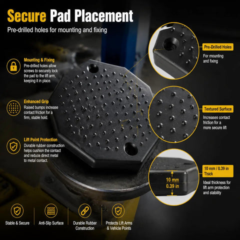 Heavy Duty Rubber Lifting Arm Pads 4 Pack Universal Octagon Shop Grade Auto Hoist and Floor Jack Protectors to Shield Pinch Welds and Subframes. Close-up of rubber pad with pre-drilled holes.