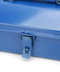 Badass Heavy Duty Iron Toolbox With Secure Lock And Reinforced Cross Punched Base 24 Inch close-up of blue latch.