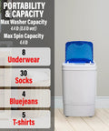 Compact Portable Washer For Small Spaces Perfect For Apartments, Dorm Rooms, And Tiny Homes With 8.8 Lb Capacity, 250W Power, Gentle Low Agitation Wash Cycle, Drain Hose Included, ETL Certified For Safe And Simple Laundry On The Go displayed with capacity chart
