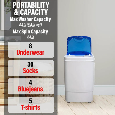 Compact Portable Washer For Small Spaces Perfect For Apartments, Dorm Rooms, And Tiny Homes With 8.8 Lb Capacity, 250W Power, Gentle Low Agitation Wash Cycle, Drain Hose Included, ETL Certified For Safe And Simple Laundry On The Go displayed with capacity chart