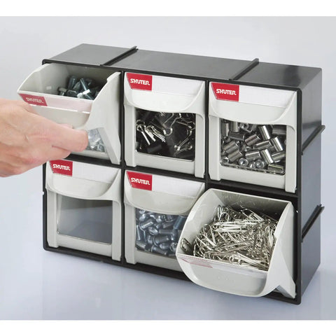 Super Easy Tilt Out Storage Cabinet With Six Smooth Glide Drawer Bins For Small Parts Sorting Stackable Plastic Craft Organizer Box With Quick Connect Modular Rack System Black in use, sorting screws and fasteners.