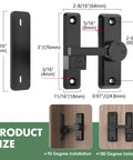 Barn Door Lock Latch With 90 180 Degree Flip For Sliding Doors Built To Last Zinc Alloy Security Lock For Garage Bedroom And Cabinet Black Finish Easy Install 1 Piece shown with dimensions and installation options in black finish.