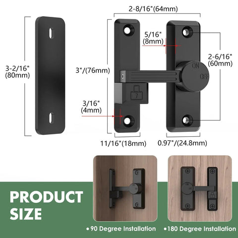 Barn Door Lock Latch With 90 180 Degree Flip For Sliding Doors Built To Last Zinc Alloy Security Lock For Garage Bedroom And Cabinet Black Finish Easy Install 1 Piece shown with dimensions and installation options in black finish.