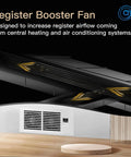 Close-up of quiet 4x10 inch register booster fan with thermostat for HVAC systems, installed in wall ventilation, black and white.