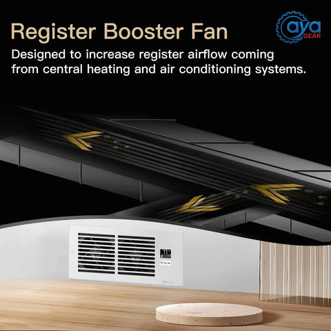 Close-up of quiet 4x10 inch register booster fan with thermostat for HVAC systems, installed in wall ventilation, black and white.