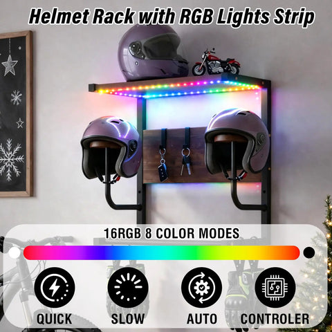 Badass Motorcycle Helmet Rack Wall Mount Featuring Remote Controlled RGB Ambient Light Strip For Grease Monkey Gear Storage With Solid Wood And Steel Build System with two helmets mounted.