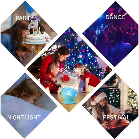 Collage of various festive scenes highlighted by the Ocean Wave Night Light Projector for Kids Room with Remote and Timer.