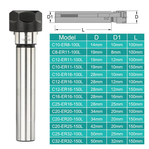 Rock Solid ER Collet Set For CNC Milling And Lathe Machining Quick Change Sleeve with precise size chart and specifications.