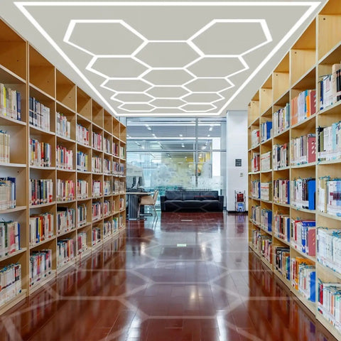 Library with Honeycomb LED Garage Light Kit With 17 Panels And 660W Pro Grade Total Power 6500K Daylight White on ceiling