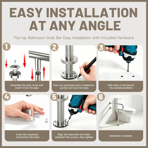 Installation steps for Rock Solid 32X28 Inch Brushed Nickel Toilet Grab Bar With T Shape Leg Heavy Duty 304 Stainless Steel Safety Rail.