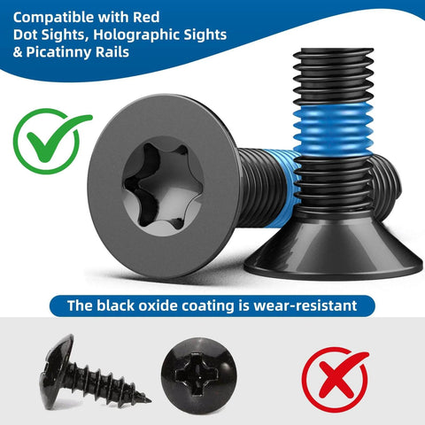 Alloy Steel Red Dot Sight Screws Kit For Optics Mounts With Six 6-32 Countersunk Screws, Pre Coated Threadlocker, T10 Torx Screwdriver