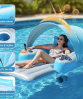 Rechargeable Dual Motor Electric Pool Lounger Inflatable Water Float with canopy, holds up to 250 lbs, in use by adult in pool.