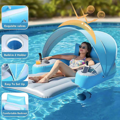Rechargeable Dual Motor Electric Pool Lounger Inflatable Water Float with canopy, holds up to 250 lbs, in use by adult in pool.