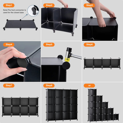 Assembly steps for 16 Cube Storage Organizer With Cube Shelves For Closet And Playroom, Ideal For Clothes, Toys, Books, And Craft Supplies.