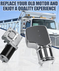 Heavy Duty 600W 60:1 Electric Tarp Motor For Dump Trucks Up To 28 Feet 12V DC With Chrome Housing Cover displayed in front of a truck