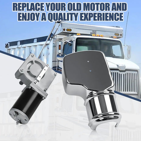 Heavy Duty 600W 60:1 Electric Tarp Motor For Dump Trucks Up To 28 Feet 12V DC With Chrome Housing Cover displayed in front of a truck