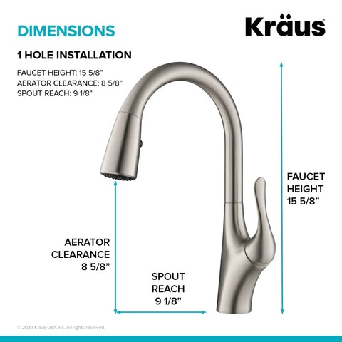 Merlin Dual Function Pull-Down Kitchen Faucet With Single Handle, dimensions with 16-Inch Reach, shown in diagram with specs.