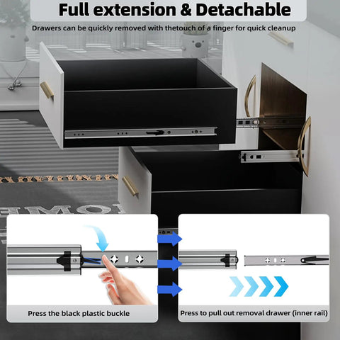 Beefy Heavy Duty 16 Inch Drawer Slides, 300 Lb Load Capacity, installed in cabinet showing full extension and detachment feature.