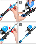 Kids Fishing Pole Starter Kit with tackle box, reel, practice plug, and travel bag, step-by-step reel setup for beginners