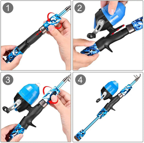 Kids Fishing Pole Starter Kit with tackle box, reel, practice plug, and travel bag, step-by-step reel setup for beginners