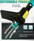 Close-up of Heavy Duty Stand Up Weed Puller Tool with 3 Claw Detachable Head and Long Handle showing steel prongs and easy-eject design.