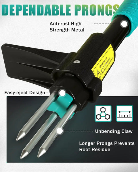 Close-up of Heavy Duty Stand Up Weed Puller Tool with 3 Claw Detachable Head and Long Handle showing steel prongs and easy-eject design.