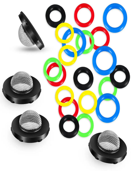 24 Pack O Ring Replacement Kit For Pressure Washers With Six Sizes For Pumps Hoses Guns Wands And Lances Includes Filters And 20 O Rings Seals And Maintenance Bundle For Optimal Power Washer Performance, colorful O-rings with mesh filters