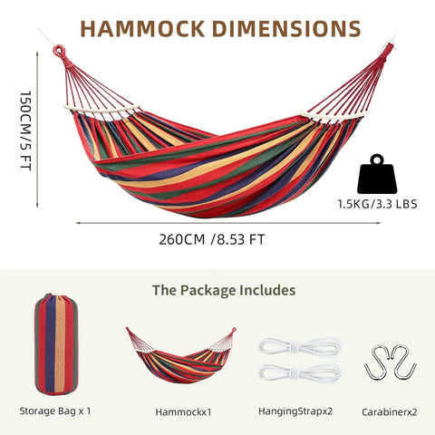 Two Person Portable Camping Hammock Bed With Anti Roll Balance Beam And Tree Straps, 550 Pound Capacity dimensions and package contents
