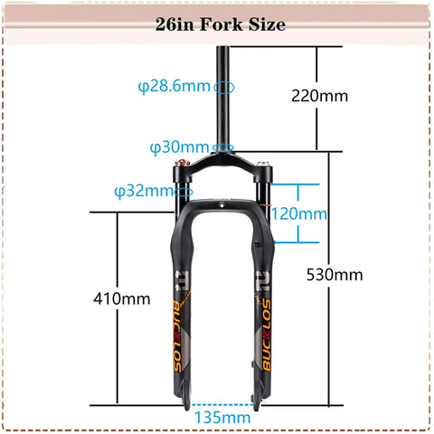 Fat Bike Front Fork With Air Suspension, 120mm Travel, 9mm QR, 135mm Spacing, 28.6mm Straight Steerer shown with measurements