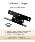 Flat Black H Hinges For Cabinet Doors Flush Mount Pack Of 2 3 In By 1-5/8 In Steel With Black Finish, screws included.