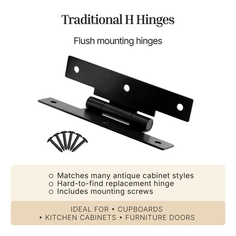 Flat Black H Hinges For Cabinet Doors Flush Mount Pack Of 2 3 In By 1-5/8 In Steel With Black Finish, screws included.