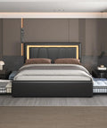 Slick Upholstered Queen Bed Frame With Four Heavy Duty Storage Drawers Adjustable Faux Leather Headboard Featuring Smart App Controlled Rgb Led Glow Usb Charging Ports And Rock Solid Wood Support For A Clean Bedroom Setup in modern decor.