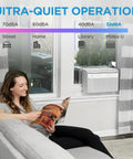 Woman reading magazine beside Smooth Cooling 12000 Btu U Shaped Smart Inverter Window Air Conditioner, highlighting its ultra-quiet operation.