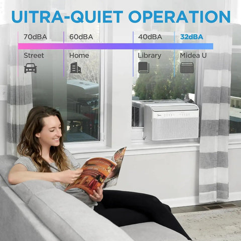 Woman reading magazine beside Smooth Cooling 12000 Btu U Shaped Smart Inverter Window Air Conditioner, highlighting its ultra-quiet operation.