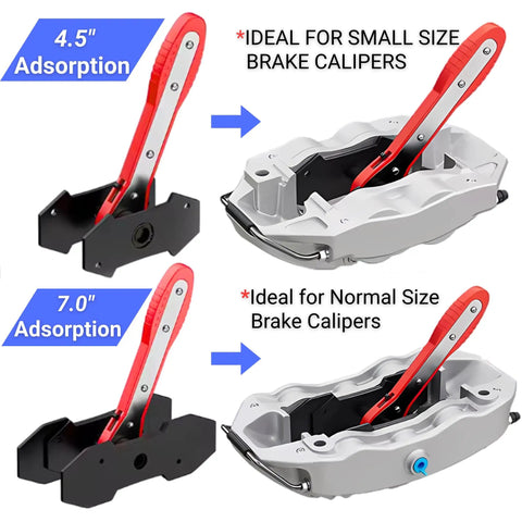 Brake Caliper Compression Tool With 360 Degree Rotating Ratchet For Piston Retraction And Two Steel Plates shown in two sizes for small and normal brake calipers.