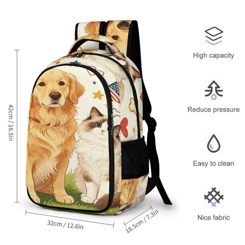 Heart And Bone Pet Pals Printed Unisex Backpack With Large Capacity, featuring dog and cat print, durable polyester, 12.6x7.3x16.5 in