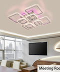 Dope Modern Ceiling Light Fixture in a meeting room, 23.6 inch LED panel with five square lamps, dimmable, 3000K-6500K tunable brightness