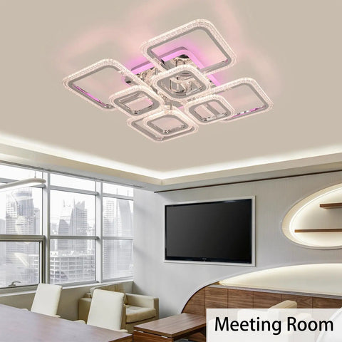 Dope Modern Ceiling Light Fixture in a meeting room, 23.6 inch LED panel with five square lamps, dimmable, 3000K-6500K tunable brightness