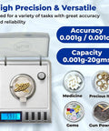 Pocket Size Digital Scale 20g Capacity With 0.001g Precision For Jewelry Gems Gold Carats And Powders On The Go Includes Calibration Weights Tweezers Tray Tare Auto Cal Six Units Silver displaying a chain