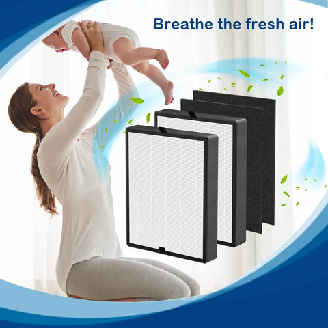 True HEPA Replacement Filter Kit For 45i And Flex Air Purifiers 2 Pack With Two HEPA Filters And Two Carbon Pre-Filters B4-Pure Filters B4-Fresh FL40-Silver-Carbon next to a mother lifting baby, promoting clean air