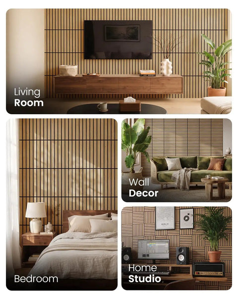 Heavy Duty Peel And Stick Acoustic Wall Tiles 12 Pack Sound Absorbing Panels 12 X 12 Inch in a stylish living room and bedroom decor.
